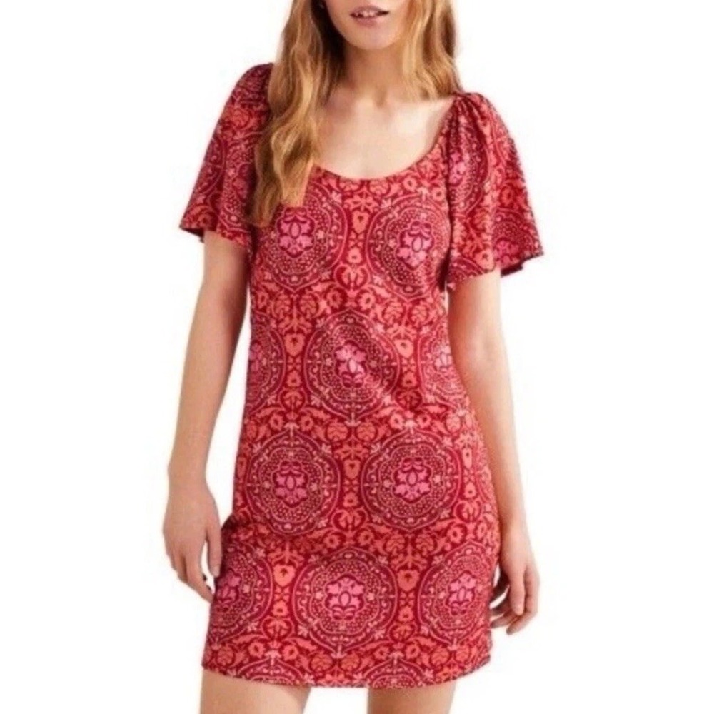 Boden Red Pink Floral Scoop Neck Jersey Mini Dress Womens 4 US Paisley‎ T-Shirt
